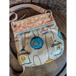 Fossil Key-Per Birdcage Print Oilcloth Canvas Crossbody Bag Purse Bird Lover